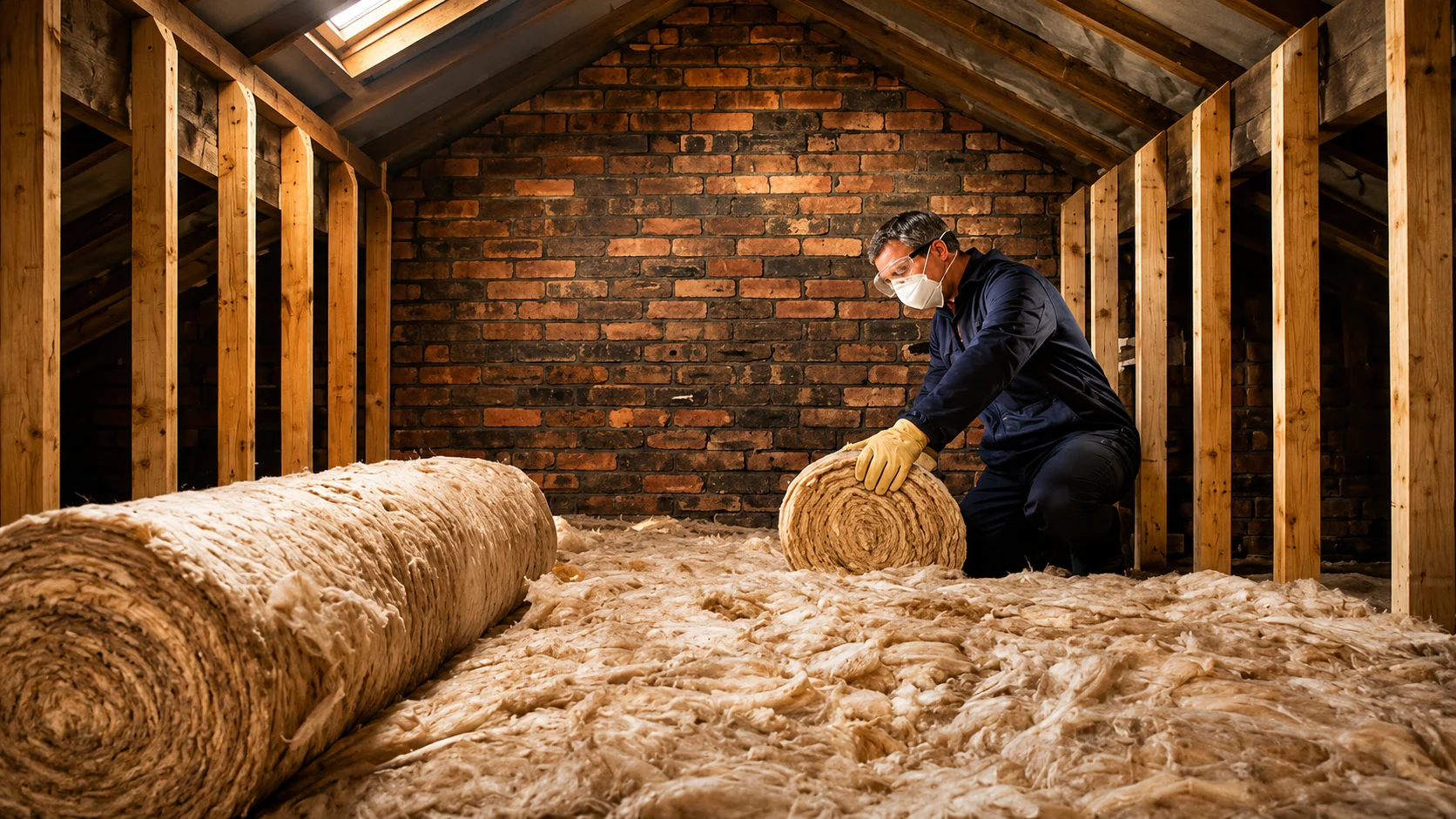 Person installing insulation in an attic