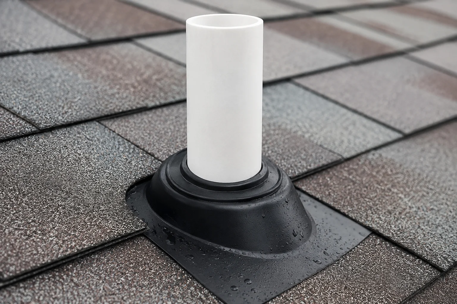 Close-up of a roof vent pipe on shingles